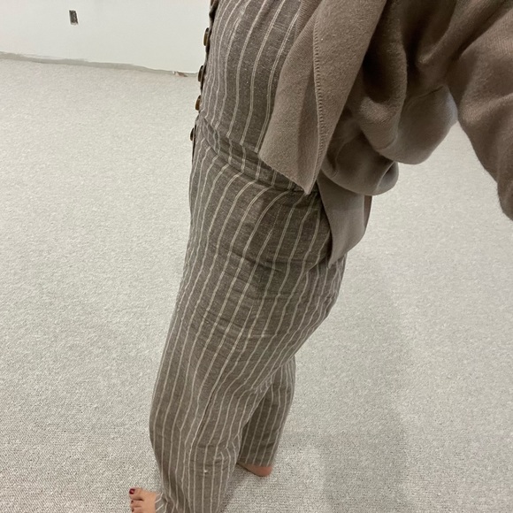 JAPNA Khaki Stripe Linen Romper Jumpsuit Boho Kawaii Bow Back Overall Pant Tie S - Picture 11 of 14